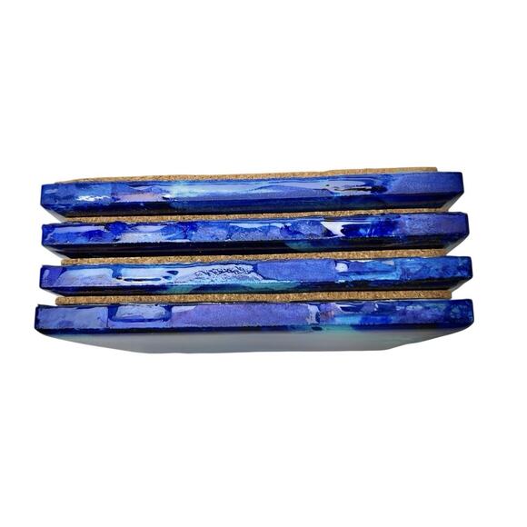 Coasters Lot 4 Art Glass Tiles Blue Green Abstract Artisan Square Cork 4.25 Inch - Picture 6 of 12